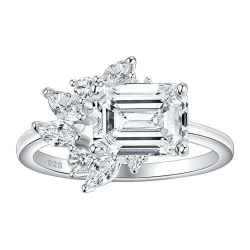 Wuziwen East To West Ring Emerald Cut Solitaire Ring Wedding Engagement Ring for Women 925 Sterling Silver CZ