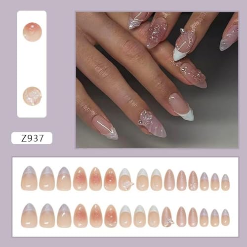 Image of White French Tip Press on Nails 3D Flower Fake Nails with Pearl Design Butterfly Glue on Nails Glossy Acrylic Full Cover Nude Stick on Nail Short Almond False Nail for Women Manicure 24Pcs