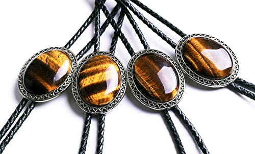 Image of Moranse Bolo Tie with Natural Tiger Eye Stone Celtic Style Genuine and Cowhide Rope