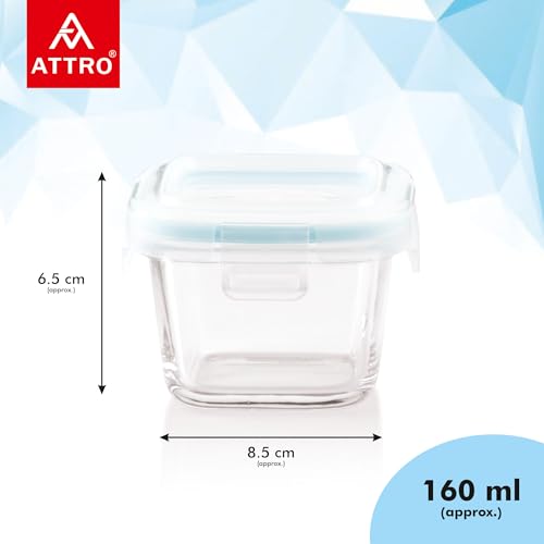 Image of ATTRO Glassox borosilicate Mini Square Glass food container with lock lid Small Food Container Air-Tight Leak-proof Bpa-Free Food Grade- 160ml Set of 2