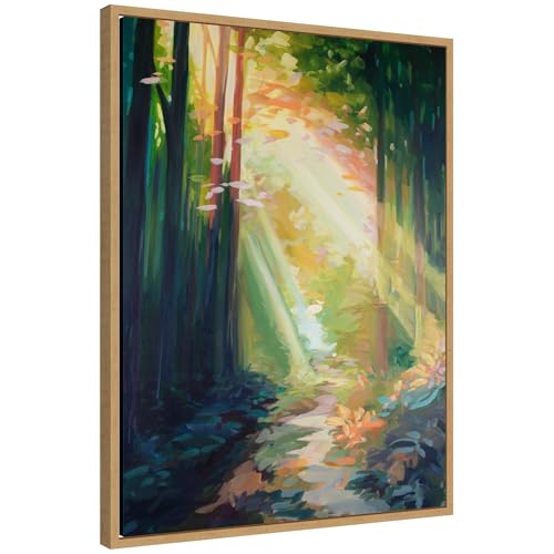Kate and Laurel Forest Sunshine Framed Canvas Wall Art by Rachel Christopoulos 23 x 30 Sylvie Natural, Farmhouse, Landscapes, Nature Art for Wall Decor, Living Room, Bedroom