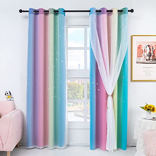 Image of Stiio 2 Panels Star Cutout Blackout Curtains, W52 x L95 inches Pink Yellow | Light Blocking; Window Treatment with Sheer Grommet Window Drapes; 2 in 1 Curtain for Girls Kids Bedroom Living Room