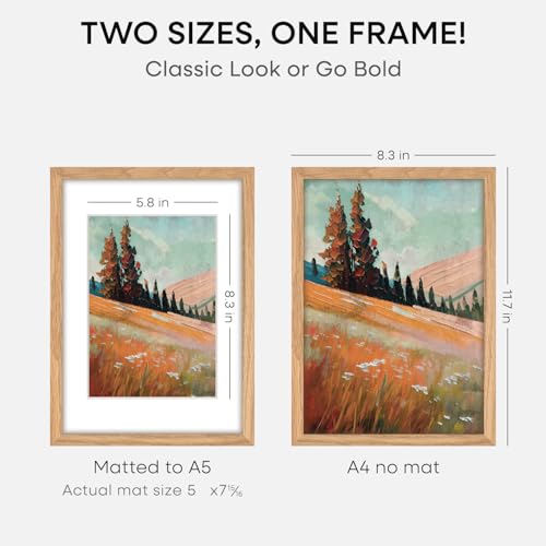 Image of Homeforia A4 Natural Oak Picture Frame, High-End Wood, A5 Mat, Glass | High End Solid Oak Wood, Tempered Glass, Acid-Free A5 Removable Mat, A4 Edge-to-Edge Display, Wall Kit, Set Of 3