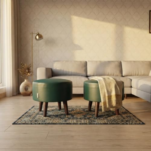 Image of Stool Ottoman Pouffes for Living Room, Kitchen, Home, Office Furniture with Soft Cotton Canva Cushion Mudda Footrest Stool for Chair Sofa Bed Dressing, Green Leather (14 Inch Pack of 2)