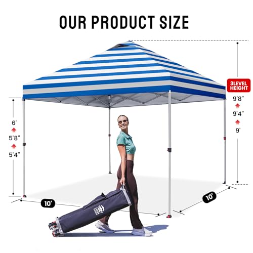 10x10 Pop Up Canopy - Beach Tent with One Push Setup - Outdoor Sun Shade for Events, Parties, Camping - STO-N-Go Cover Bag, Silver Coated Top, 3 Height& 4 Sand Bags, Sky Blue Stripes