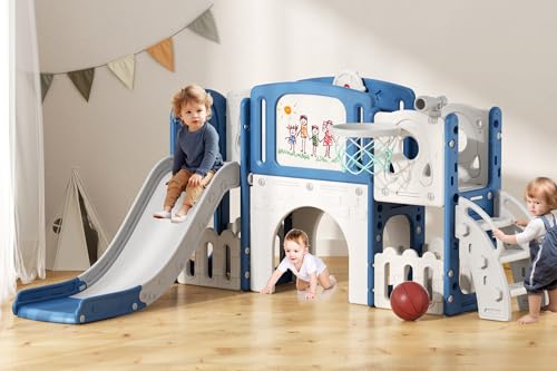 Glaf Toddler Slide Indoor Playground 9 in 1 Slides for Toddlers 1-3 Kids Baby Outdoor Playset with Climber Basketball Hoop Drawing Board and Storage Space (Blue)