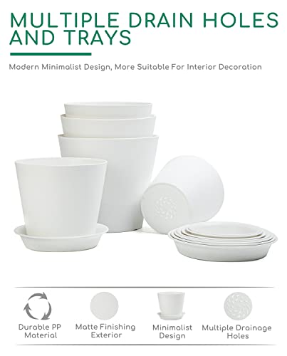 LaDoVita 7 Pack Plastic Plant Pots Indoor, 7/6.5/6/5.5/5/4.5/4 Inch Modern Planters for Plants, Flower Pots with Drainage Holes and Trays, White