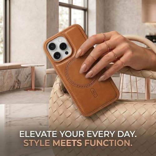 Image of amazon basics Premium PU Leather Case for iPhone 16 Pro, MagSafe Compatible Magnetic Ring, Sleek Protective Back Cover - [Tan]