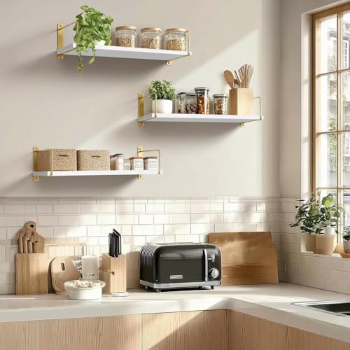 Image of Wall Mounted Bathroom Shelves Set of 3, White Rustic Wood Floating Shelves with Metal Brackets, Wall Storage Rack for Toiletries Organizer Washbasin Kitchen Living Room (Golden White)