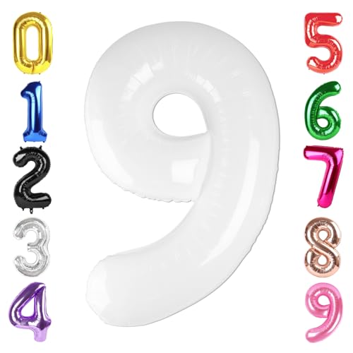 Image of 40 Inch White Number 9 Balloon Birthday Party Decorations for Men & Women | 40 Inch White inflatable foil number balloons, large birthday decorations for 9th birthday