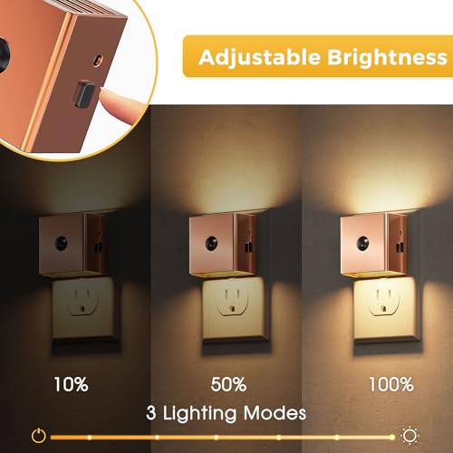 Image of L LOHAS LED Night Light,Plug in Night Light with Motion Sensor and Dusk to Dawn Sensor, Brightness Adjustable,3000K Soft White, Rose Gold Nightlight for Bathroom Hallway Kitchen