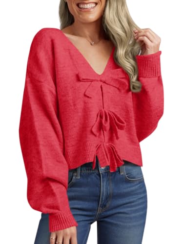 Image of Saodimallsu Womens Bow Sweater Cropped V Neck Long Sleeve Pullover Tops