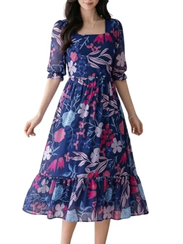 Image of SMOWKLY Women's Georgette Floral Printed Western Gown || Half Sleeve V Neck Fit & Flare Flared Hem Design || A-Line Maxi Dress Casual Wear