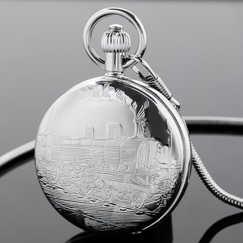 Image of Copper Pocket Watch Train Railroad Steampunk Mechanical London Hand Wind Double Case Mens Watches with Chains & Boxs Christmas Graduation Birthday Gifts Fathers Day(Silver)