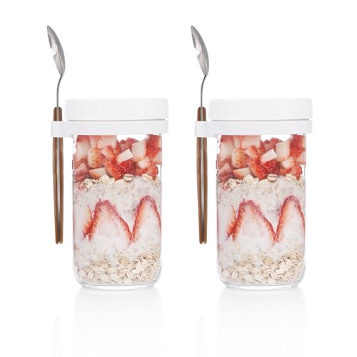 alwaiiz 2 Pièces Overnight Oats Jar 600ml, Overnight Oats Glass Jars avec Couvercle et Cuillère, Convient pour le Muesli, le Yaourt et les Salades