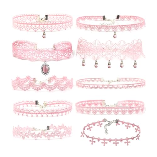 Pink Lace Choker Necklace Set, 10 Pieces