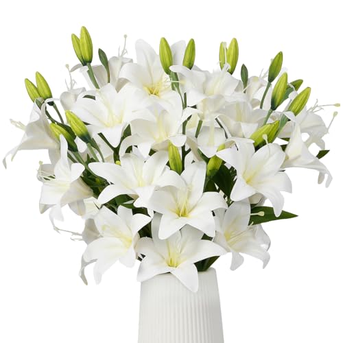 GrainBuds 10Pcs Lilies ArtificialFlowers 24Tiger Lily Branches (White)