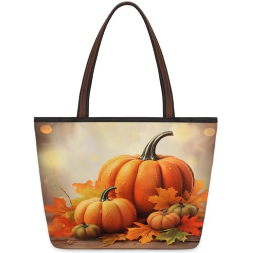 Large Tote Bag For Women Fall Maple Pumpkin Work Cloth Bags With Zipper Reusable Grocery Hand Bags Casual Travel Overnight Tote Purses Fit Travel,Work, Vacation,Beach, Shopping,Gifts