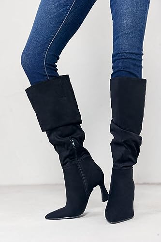 Image of Coutgo Women's Slouchy Knee High Boots Wide Calf Pointed Toe Side Zipper Chunky Heel Long Boots Winter Shoes