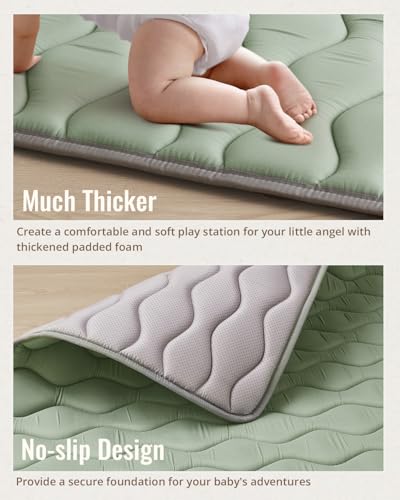 Image of Blissful Diary Baby Play Mats for Floor, 59x59 Inch Thicker and Larger Soft Cushioning Foam Playmats for Babies and Toddlers, Foldable Washable Baby Playpen Mat, Sage Green