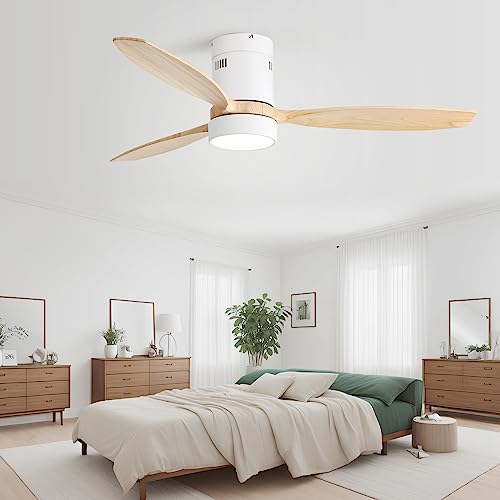 Sofucor 52 inch Wood Low Profile Ceiling Fans with Lights and Remote, Modern Flush Mount Quiet Ceiling Fan for Bedroom, Reversible DC Motor for Living Room/Farmhouse/Patio/Indoor/Outdoor(White+Wood) - Image 3