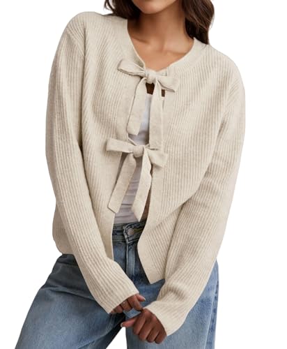 Image of Women Casual Open Front Bow Tie Up Cardigan Sweater Jacket Round Neck Long Sleeve Crop Rib Knit Tops Fall Clothes Apricot