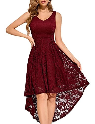 Muadress Women's Elegant Floral Lace Dress Sleeveless V-Neck Hi-Lo Cocktail Dress For Evening Party Darkred 2Xl #TOP3