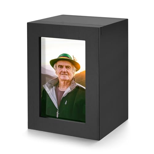 SOITIS Small Wood Urn for Human Ashes, Cremation Ashes Urns Black with Photo Frame - Mini Memorial Wood Urns Box, Decorative Keepsake Urn for Women Men