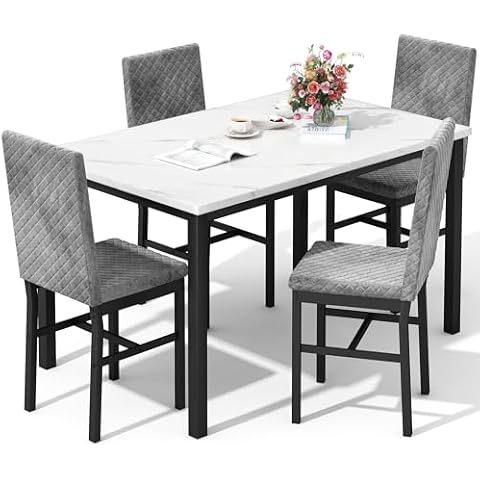 DKLGG Dining Table Set for 4 Kitchen Table and Chairs Set of 4 Faux Marble Dining Room Table Set Dinner Table with 4 Velvet Upholstered Dining Chairs for Small Space Apartment (White & Grey) Cover