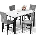 DKLGG Dining Table Set for 4 Kitchen Table and Chairs Set of 4 Faux Marble Kitchen and Dining with Velvet Upholstered Dinner Chairs for Small Space Apartment Home (White & Grey)