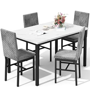 DKLGG Dining Table Set for 4 Kitchen Table and Chairs Set of 4 Faux Marble Kitchen and Dining with Velvet Upholstered Dinner Chairs for Small Space Apartment Home (White & Grey)