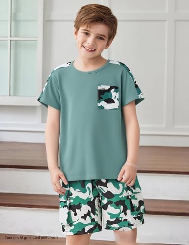 Image of mksodopy Boys Summer Outfit Set 2 Piece T Shirt and Camo Shorts Casual Clothes for Little Big Boys 5-16