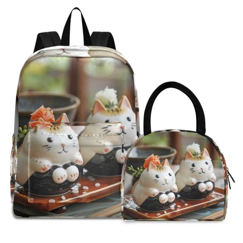 Sac à dos d'école pour filles chat sushi sac isotherme et sac à livres grand format