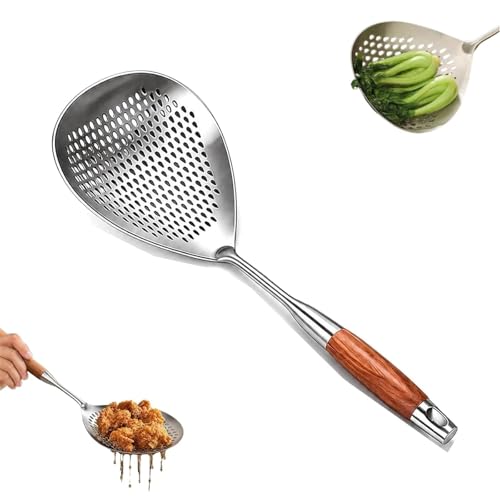 Stainless Steel Skimmer with Wooden Handle ? Heat-Resistant, Large-Capacity Strainer Spoon ? Crafted from Extra-Thick 304 Stainl