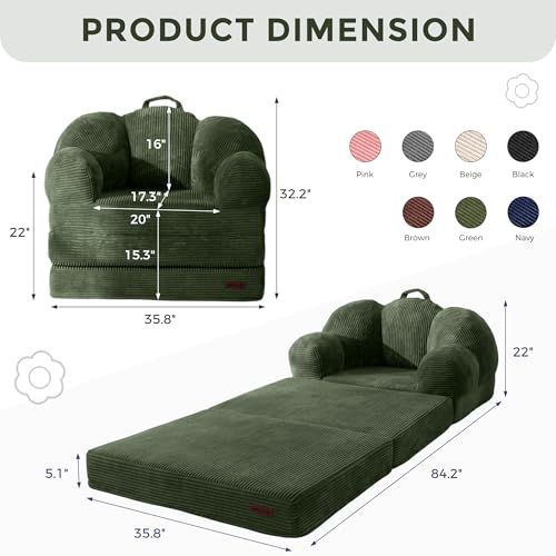 Image of MAXYOYO Folding Sofa Bed, Floral-Shaped Convertible Floor Sofa Couch with Backrest, 2 in 1 Comfy Lounger Bean Bag Chair with Handle, Floor Single Couch for Living Room Bedroom, Dark Green