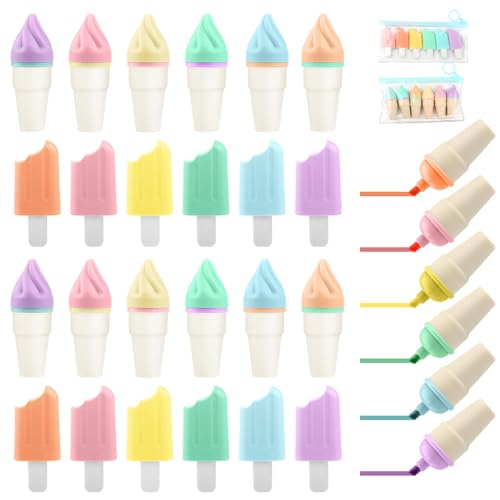 Unikeen 24 Pièces Mini Surligneurs, Pastel Surligneurs en Forme de Glace, 6 Couleurs Highlighters de Mignon Surligneur Cadeau Anniversaire Enfant Invites pour Cadeaux de Fête D'enfant D'école