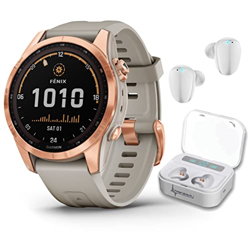 Garmin Fenix 7S Solar Multisport Gps Touchscreen Smartwatch, Rose Gold With Light Sand Band, 30 Mm Display With Wearable4U White Earbuds Bundle #TOP13
