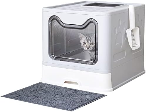 Medario Cat Litter Box, Large Foldable Front Entry Top Exit Litter Box with Lid for Cats, Cat Potty with Cat Litter Scoop and Cat Litter Mat Easy Clean (Grey)