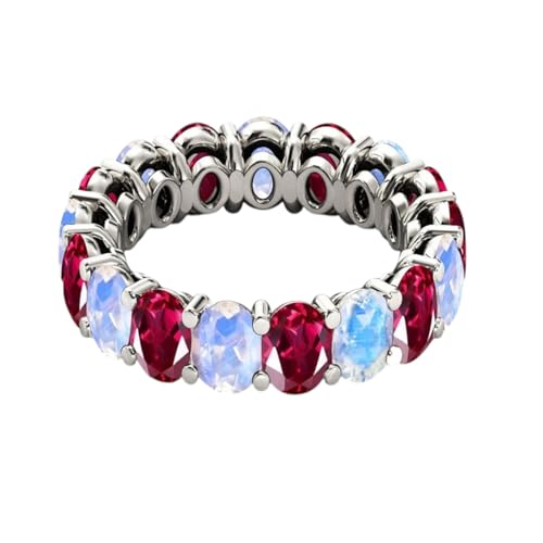 Unique Rainbow Moonstone & Red Ruby Eternity Wedding Band Art Deco Cluster Engagement Ring 925 Sterling Silver Bridal Eternity Band Vintage Stacking Ring Oval Shaped Gemstone4