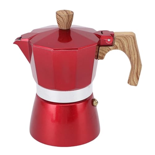 OEBUAFI Italiana para Estufa, Expreso Moka, 6 Tazas, Aleación de Aluminio Roja con de Madera para el Hogar y el Camping (Capacidad para 3 tazas)