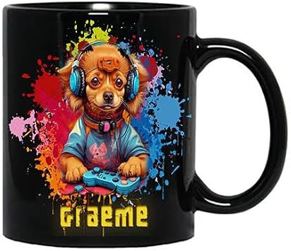 Game Mug Name Graeme 11oz Black Mug Gaming Mug, Video Game, Dog Lover. Dog Playing Games, Dog Mug with Name, Personalized Gift, Costumize Names 11oz Black Ceramic Coffee Mug 134336