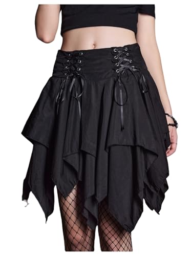 Verdusa Women's Goth Fairy Skirt Renaissance Ruffle Skort Lace Up Asymmetrical Mini Skirts Black X-Large