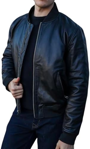 Mens Bomber Black Leather Jacket - Full Grain Premium Cow Hide Le...