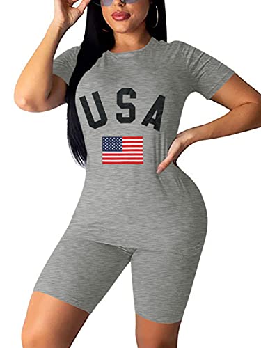ANRABESS Two Piece Outfits for Women US Flag Printed Short Sleeve V Neck Biker Shorts Set A235huahuidi-flag10-M