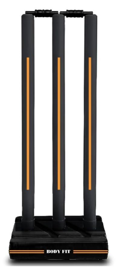 Image of Bodyfit Heavy Cricket Stumps | Plastic Wickets Set with 3 Stumps + 2 Bails + 1 Stand | Full Size Wickets for Cricket Ground, Tournament Wicket. (Black-Orange)