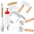 Joyfair 13Pcs Griddle Accessories Kit Flat top Grilling Accessory (18/10 Stainless Steel), Teppanyaki Hibachi Spatulas BBQ Tools for Camping Cooking, Commercial Grade & Rust-Free (Wooden Handles)