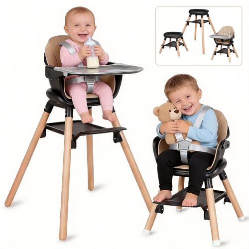 Image of 6 in 1 Baby High Chair, Convertible Wooden High Chairs, Black | Booster Seat for Babies and Toddlers, Baby Feeding Chair with 5-Point Harness, Double Removable Tray & Adjustable Footrest
