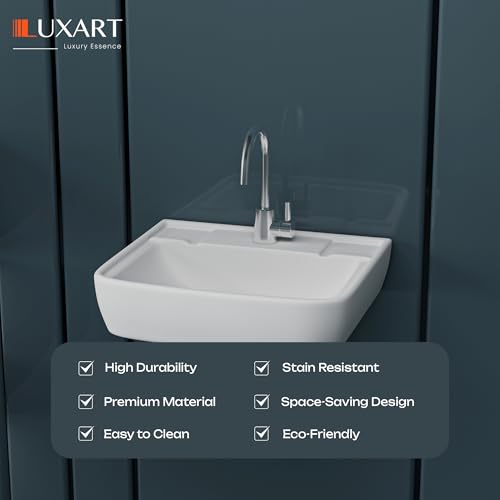 Image of LUXART Wall Mount Ceramic Wash Basin - Wall Hung Designer Vessel Sink - Bathroom Washbasin over counter For Hotel Home Living Room - Glossy Finish (15.5x13.5 Inch, White)