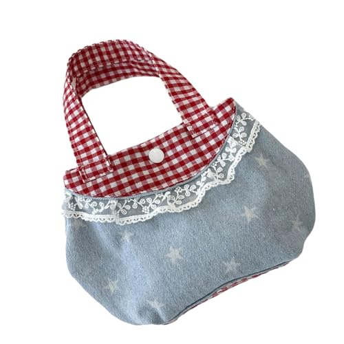 ERRORY Bolso de mano de mezclilla femenino con patrón retro a cuadros y borde de encaje decorativo, práctica asa de transporte para varias ocasiones, trabajo hasta la fecha, Estrella azul claro