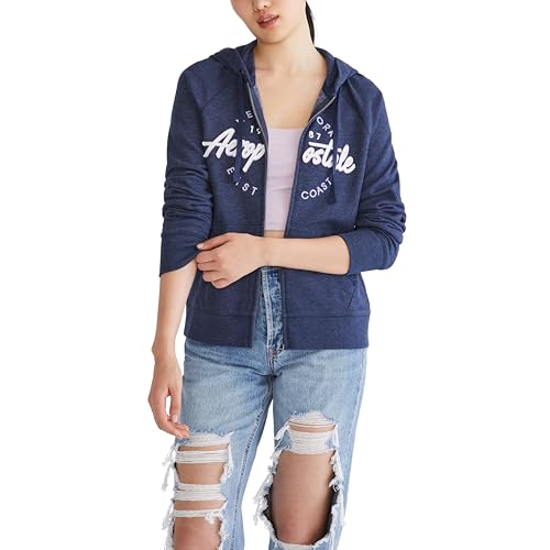 Consejos para Comprar Sudaderas con capucha para Mujer los mejores 10. 40 Aeropostale - Sudadera con Capucha y Cierre Completa para Mujer, diseño de círculo/guiones, Azul Marino (Cadet Navy), Small
